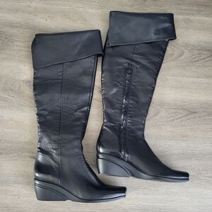 Nine West Black Leather Tall Wedge Boot